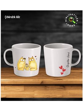Çekirdek Aile Taş Kupa Fincan Üzeri Sevgili Kedi Baskılı Bej