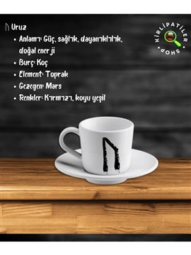 Uruz Porselen Fincan Üzeri Rune Sembol Baskılı Beyaz