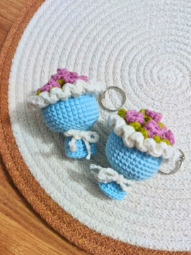 Amigurumi Mini Gül Buketi Anahtarlık  Bebek Mavisi