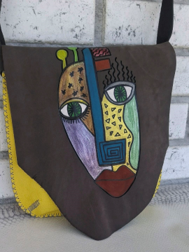 Mask Montürlü Sarı Gri Hakiki Deri Çanta  Sarı