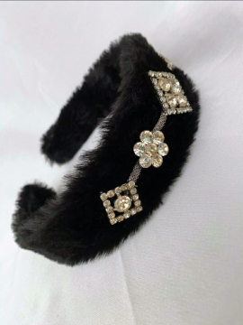 Black Teddy Siyah Taşlı Tüylü Toka Taç - Saç Aksesuarı
