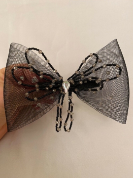 Butterfly Bowtie Kelebek Ve Kristal Taş Detaylı Siyah Tül Fiyonk Toka