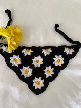 Papatya Motif Tasarım Bandana Siyah