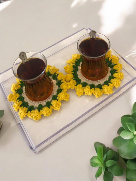 2 Li Örgü Bardak Altlığı Sarı