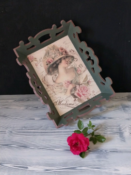 El Yapımı Vintage Tepsi, Dekoratif Tablo Madame Çok Renkli